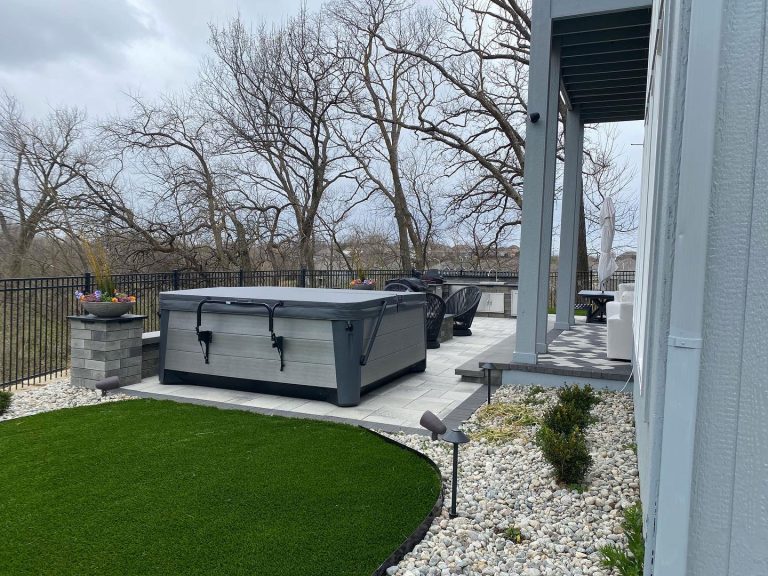 Finished residential outdoor living project with grade changes